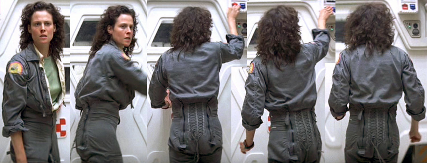 a woman wearing a space suit, standing in a spaceship hallway, looking back over her shoulder at something offscreen. the image has a vintage feel and appears to be from a movie.
