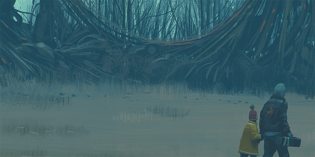 a man and a child are walking through a misty forest. the trees are tall and thick, and the air is cold. the forest is dark and mysterious. the man is wearing a hooded jacket, and the child is wearing a yellow coat. they are both walking towards the edge of the forest.