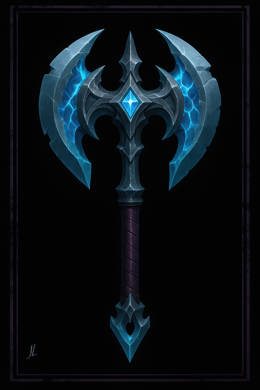 the image shows a fantasystyle doublebladed axe with a dark color scheme and glowing blue accents. the axe features an intricate design with a crystal embedded in the center. the blades are made of a stonelike material with cracks filled with blue light, and the handle is wrapped in a textured material. the background is black, which makes the axe stand out.