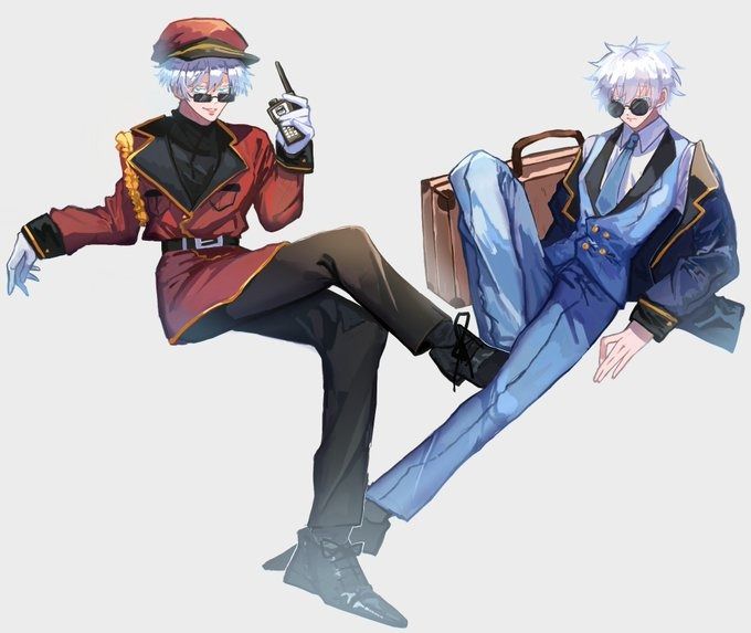 the image is a digital fanart depicting two animestyle male characters in dynamic poses. one character is dressed in a red officerstyle uniform with black pants, sunglasses, and is holding a walkietalkie. the other is wearing a blue suit, sunglasses, and is lounging with a briefcase beside him. both characters have white hair and a similar facial structure.  their poses suggest a contrast in personality or demeanor, with one appearing more formally dressed and relaxed while the other looks more prepared for action. the art style is vibrant and detailed, with a focus on the characters' clothing and poses. the background is a simple, light grey, drawing attention to the characters.