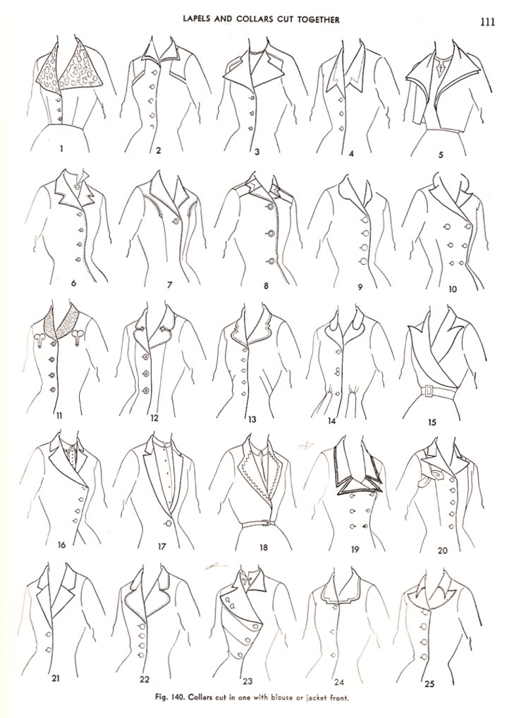 the image displays a vintage fashion illustration featuring various lapel and collar designs that are cut together, as part of a blouse or jacket front. there are 25 different designs presented in a grid, showcasing a range of styles from simple, classic collars to more ornate and unique lapel variations. each design is numbered and demonstrates the integration of the collar and lapel as a single cut piece.
