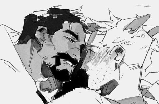 a black and white sketch depicts two men kissing. the man on the left has dark hair and a beard, while the man on the right has lighter hair. the sketch has a rough, unfinished quality.