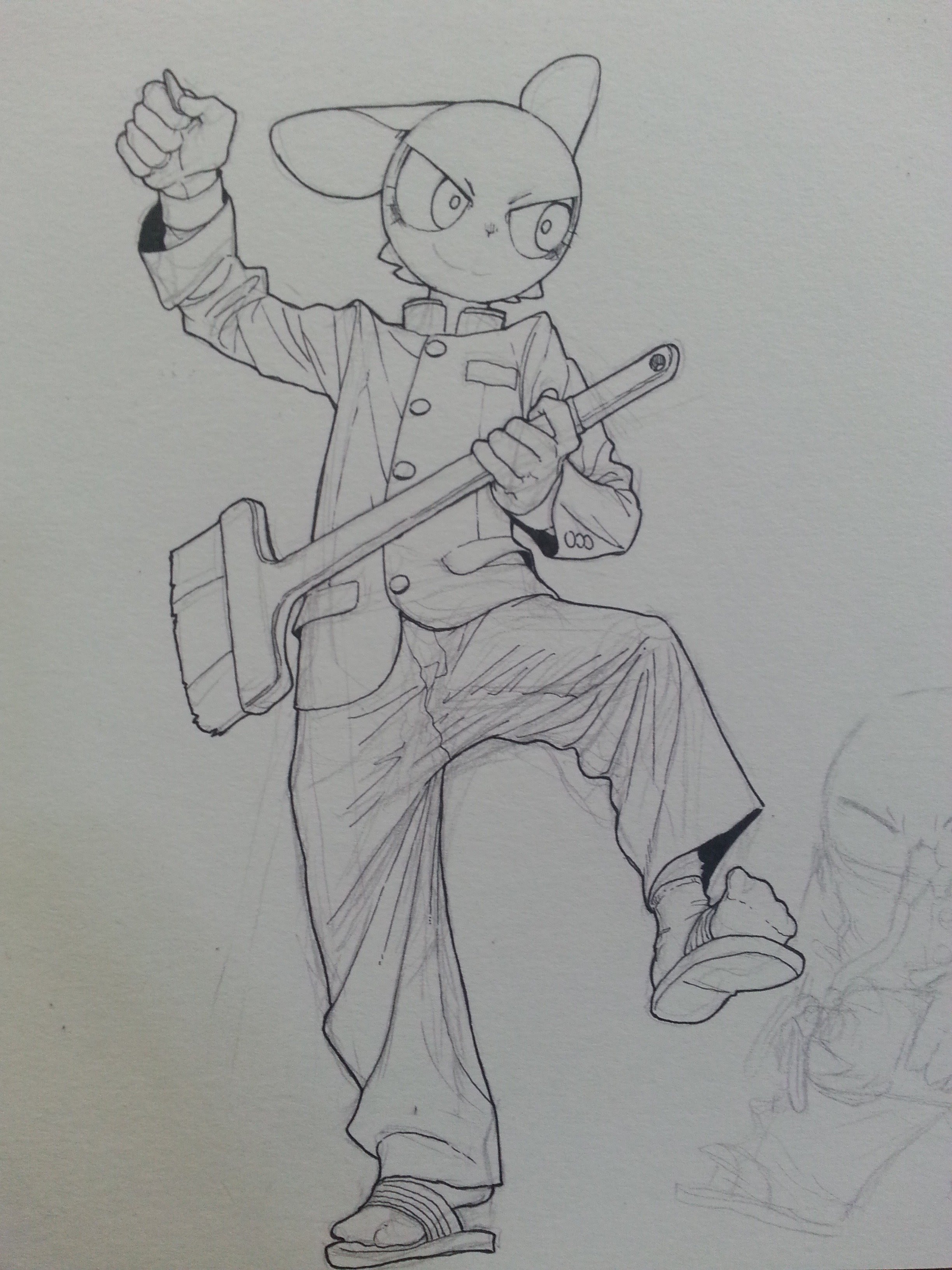 this black and white illustration features a cartoon, animestyle character that resembles a student in a school uniform. it has a large, humanoid head, with a broomlike weapon. the character is drawn in a dynamic pose, as if fighting, and is viewed from the side. it appears to be a sketch, possibly drawn digitally, with some lines slightly blurred and unfinished.
