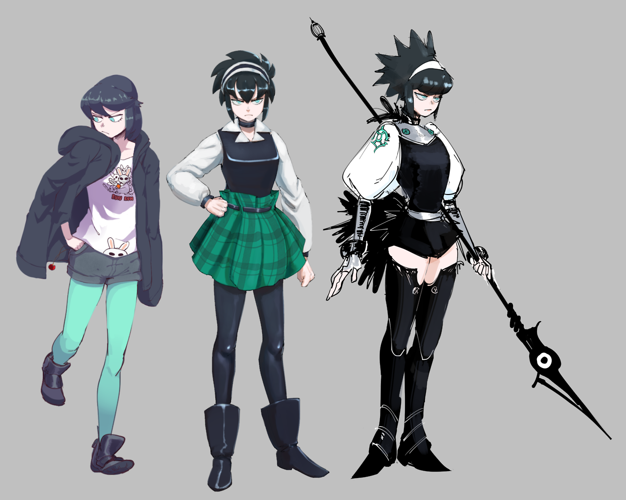 this is a digital illustration of three anime girls, each with a unique style and fashion sense. the girl on the left is wearing a casual outfit of a black jacket, a white tshirt, blue shorts, and teal tights. she has black hair with bangs and blue eyes. the girl in the middle is wearing a stylish outfit consisting of a white shirt, a black dress, a green plaid skirt, and black tights. she has black hair with bangs and dark eyes. the girl on the right is in a more fantasy style, dressed in a black outfit with a white collar and a white sleeve. she has black hair with bangs and blue eyes. she is holding a spear with a large head. the girls are all standing in different poses, and their different styles make them look like they come from different parts of a fantasy world. the image is made in a realistic style, and the details are very welldrawn. the illustration is full of color and life, and it is sure to catch the eye of any anime fan.