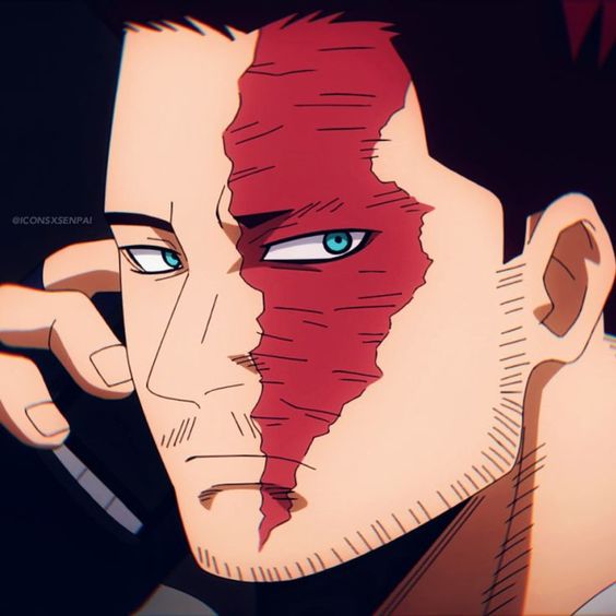 the image is an animestyle drawing of a young man's face in profile view. he has short, dark hair with a prominent burn scar running down the left side of his face. he possesses piercing blue eyes, and his expression is serious and contemplative. the color scheme is muted with a focus on reds and browns.