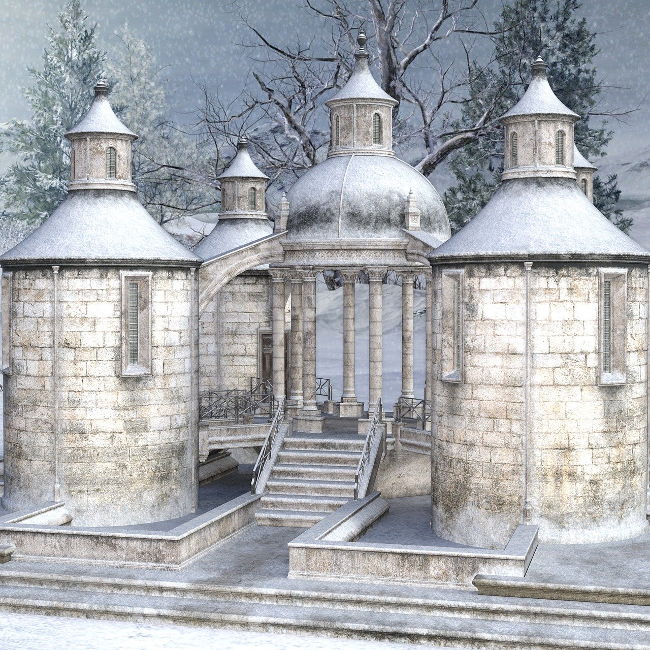this is a digitally rendered image of a stone structure in a winter setting. the structure appears to be a collection of buildings or towers connected by walkways and stairs. there is a central domeshaped structure supported by classical columns. the entire scene is covered in snow, giving it a cold, desolate atmosphere. bare trees and a snowy background complete the winter landscape. the architectural style suggests a castle or historical building.