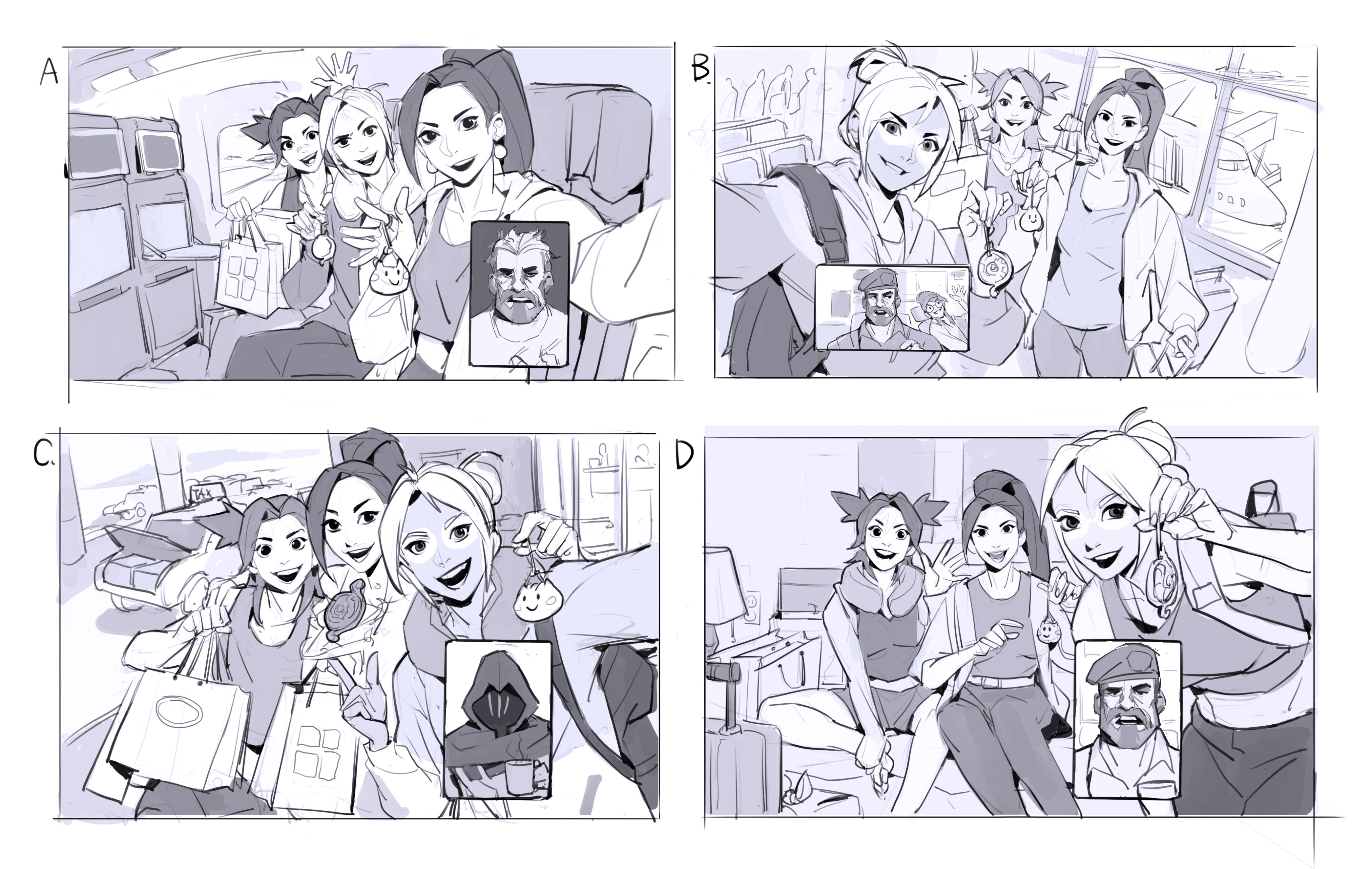 he image contains a storyboard with four panels, each depicting a scene of a group of female friends taking a selfie. the scenes are consistent in style and the progression suggests a story of their travel experience.  panel a shows them on a plane, panel b in an airport terminal, panel c at an airport or train station after shopping, and panel d in a hotel room. a video call is included in each panel showing a different male character who seemingly is not physically present. the art style is consistent throughout the storyboard, with a focus on dynamic poses and expressive characters. the grayscale palette gives the work a clean and professional feel.