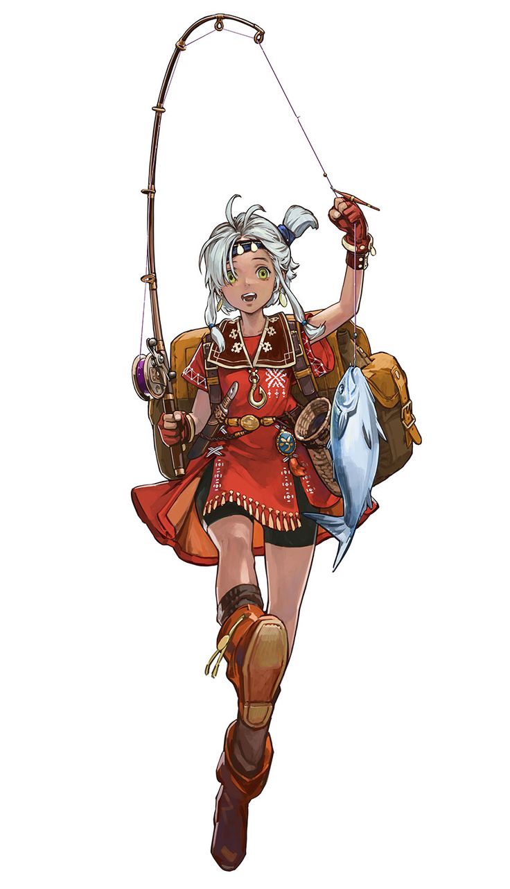 the image showcases a dynamic digital painting of a young female anime character. she possesses white hair styled in a ponytail, and her attire consists of a vibrant red dress adorned with ethnic patterns, complemented by brown boots and a backpack.  the character is depicted midstride, holding a fishing rod with a freshly caught fish dangling from the line. her joyful expression and active pose suggest a sense of adventure and freedom. the overall style leans towards fantasy or adventure, with an emphasis on bright colors and detailed character design.