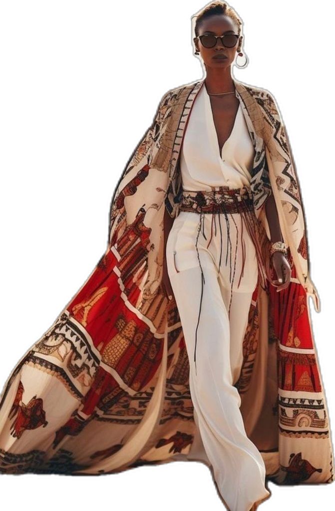 a woman model wearing a white dress, a long patterned cape with red and brown accents, sunglasses, and a black belt is standing with an elegant pose.  she looks stylish and fashionable.