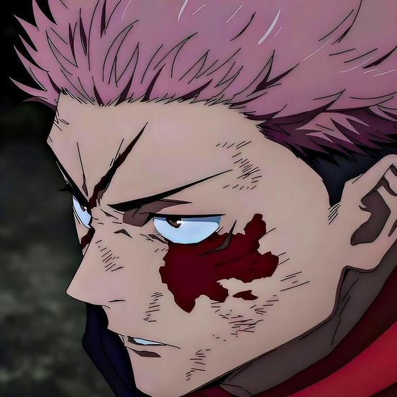 this is a digital drawing of a young man with short, spiky pink hair. he is heavily injured with blood splattered across his face.  his expression is serious and determined. he appears to be in the middle of a battle.  the style and subject matter suggest the image originates from an anime or manga series.