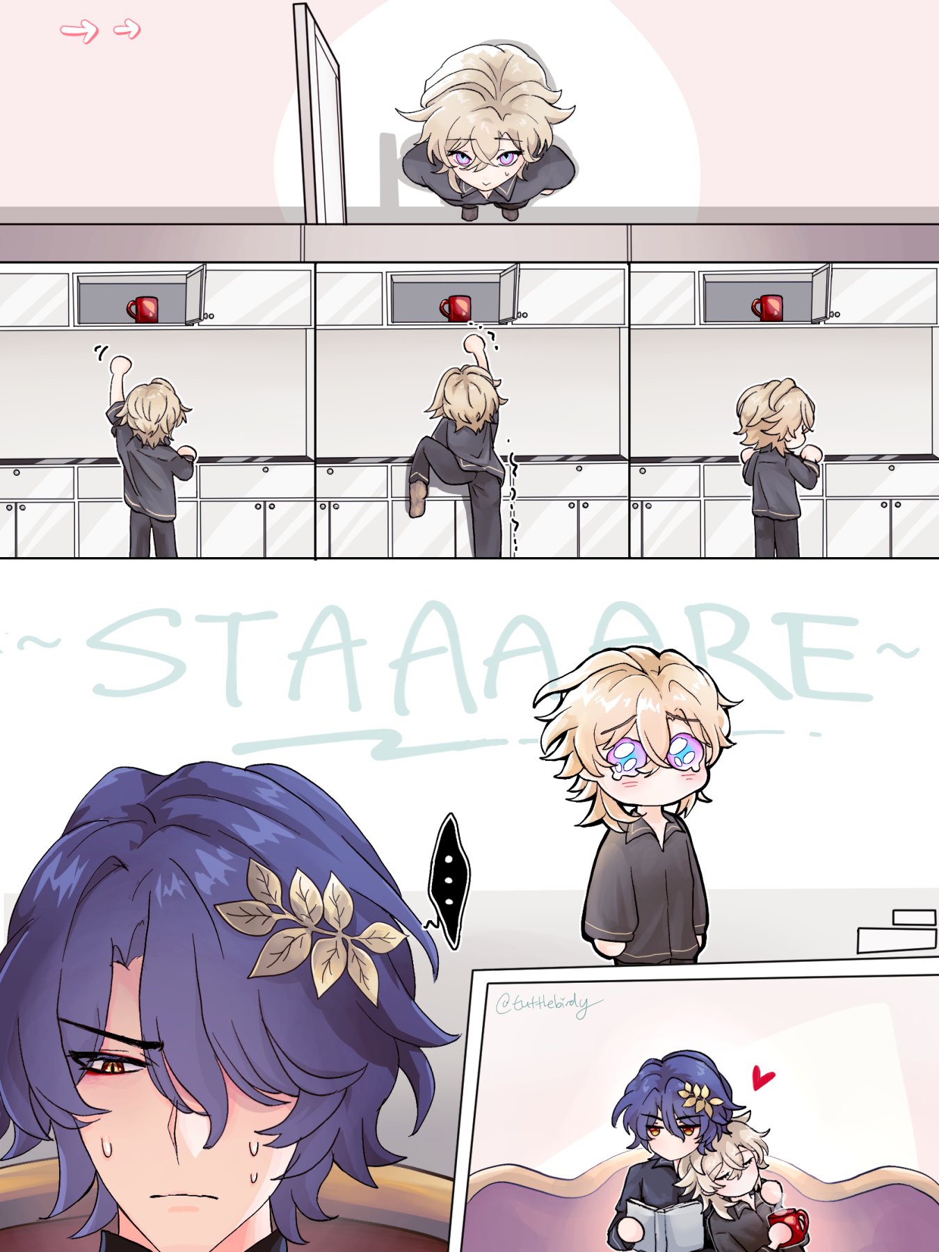 the image is a multipanel comic strip in anime/manga style featuring chibilike characters.  the story centers around two main characters: a taller blond boy and a shorter boy with purple hair and a golden leaf ornament.  the comic starts with the blond boy repeatedly reaching for a teacup on a high shelf in a kitchen setting.  the panels then shift to show the purplehaired boy appearing distressed and jealous as he observes the blond boy's actions.  the final panel shows a smaller picture suggesting a heartwarming scene of the blond boy snuggling with another character. the purplehaired boy's expression conveys a mix of sadness and displeasure. the overall tone is cute, funny, and slightly bittersweet, hinting at a possible romantic subtext between the two main characters.