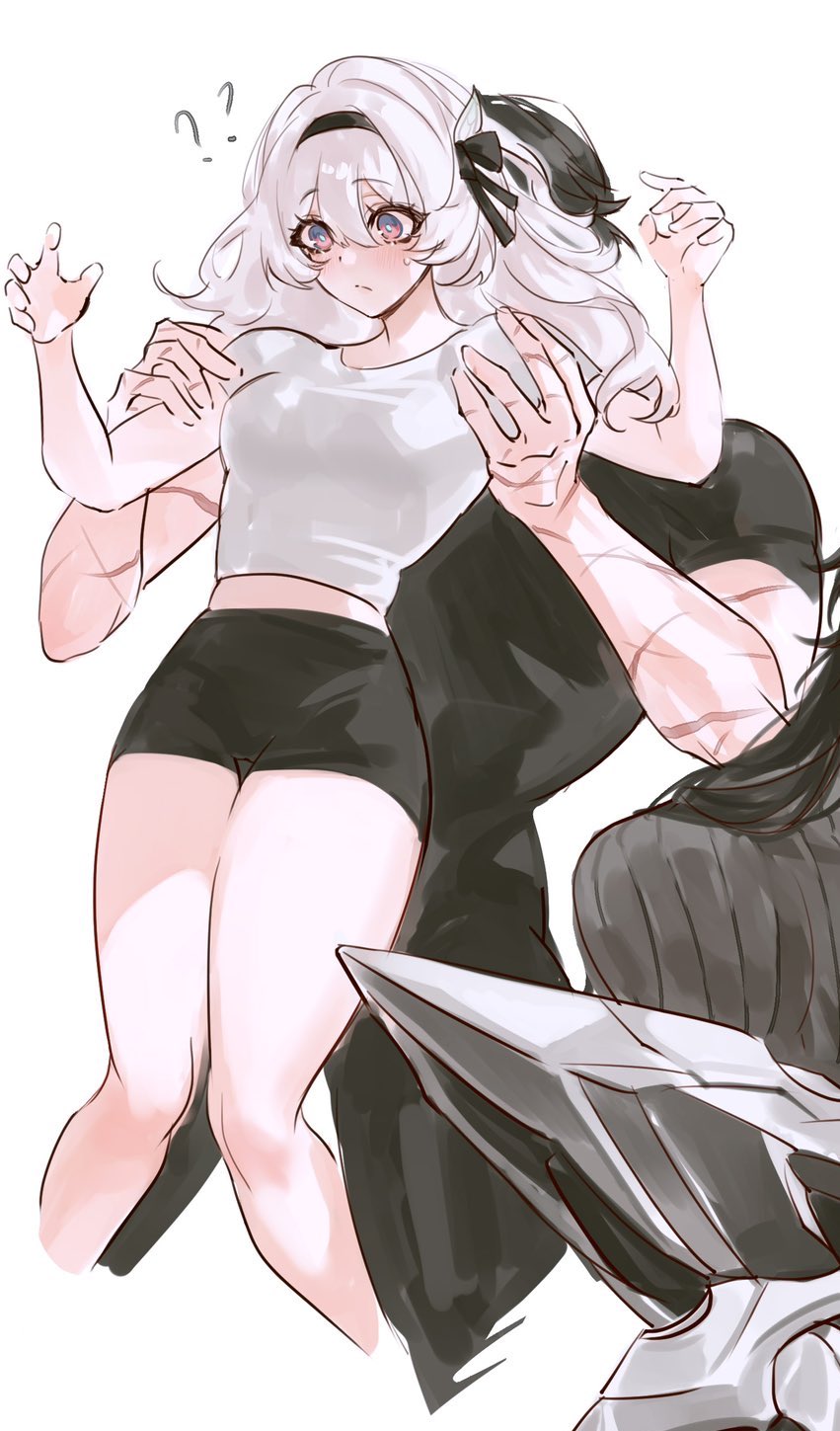 an anime girl with white hair wearing a white tank top and black shorts is being held up by a person with long black hair wearing black clothing. the whitehaired girl has a worried and surprised expression and is holding her hands up in a gesture of fear. the person with black hair is also holding a sword.