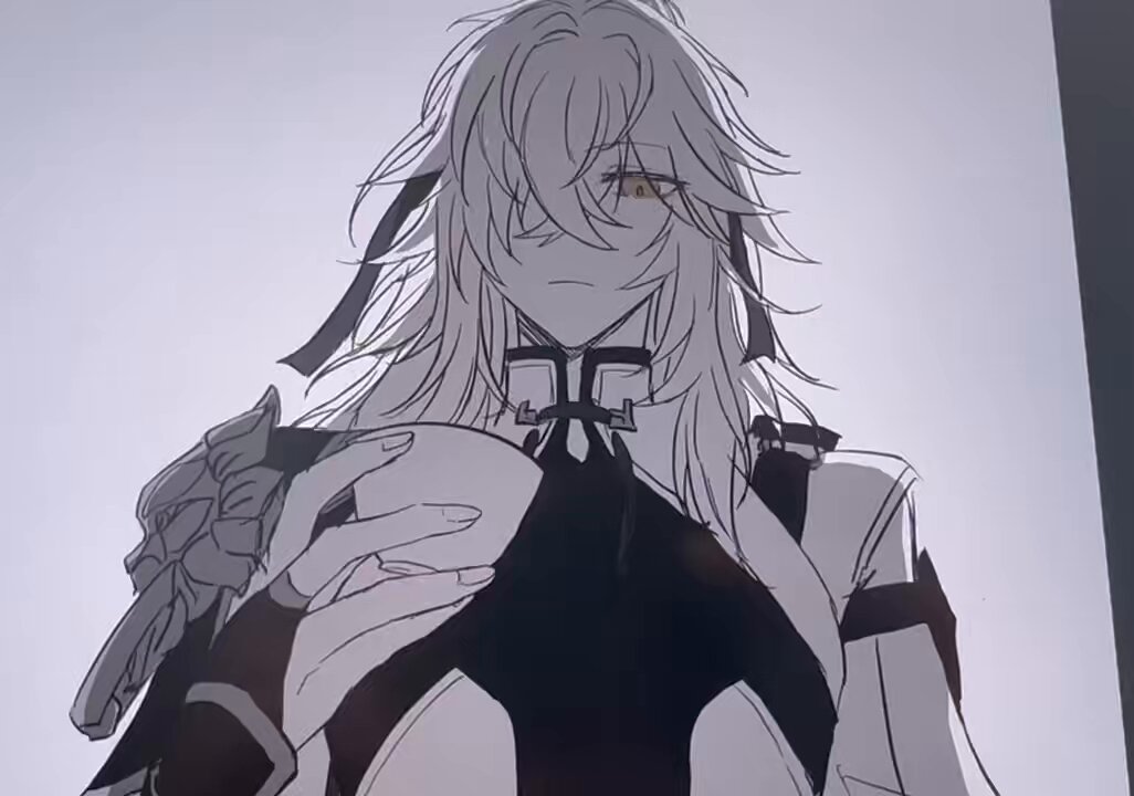 the image shows a grayscale anime drawing of a young female character with long white hair. she is wearing a white and black outfit and holding a cup, possibly containing food or drink. the character's expression is sad, suggesting loneliness or pensive thought. the illustration is done in a detailed and realistic style, capturing the nuances of the character's emotions and appearance. the overall impression is one of melancholy and introspection.