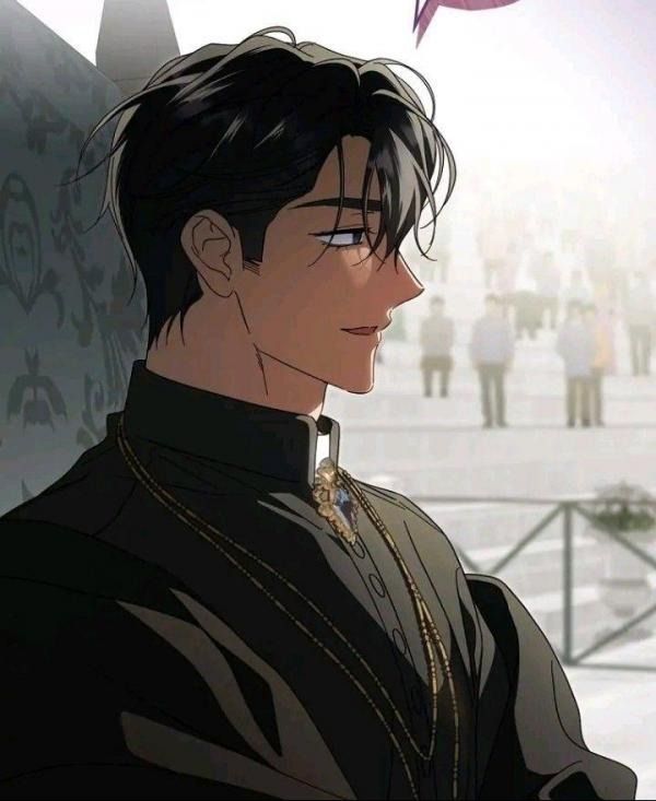the image is a closeup profile view of a handsome anime or mangastyle male character. he appears to be a priest or member of the clergy, judging by his dark, elegant attire, which includes a highcollared garment and a noticeable golden necklace with a pendant.  his dark hair is styled neatly, and he has a somewhat serious yet subtly smirking expression. he's positioned in what seems to be an outdoor setting, with a blurredout crowd of people visible in the background. the art style is detailed and emphasizes shading and texture, suggesting a professional level of illustration or artwork from a manhwa or webtoon.