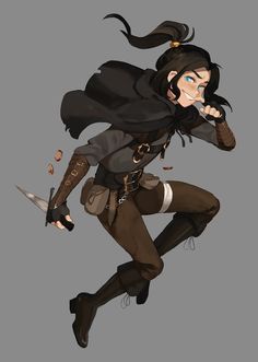 the image showcases a digital illustration of a female fantasy character, potentially a rogue or thief. she is depicted in a dynamic pose, midair, with a mischievous grin as she brandishes a dagger. her attire suggests agility and practicality, featuring leather armor, a hooded cloak, and various pouches. the background is a simple gray, drawing focus to the character. the overall palette consists of muted browns and grays with subtle hints of red, creating a grounded and slightly gritty atmosphere.