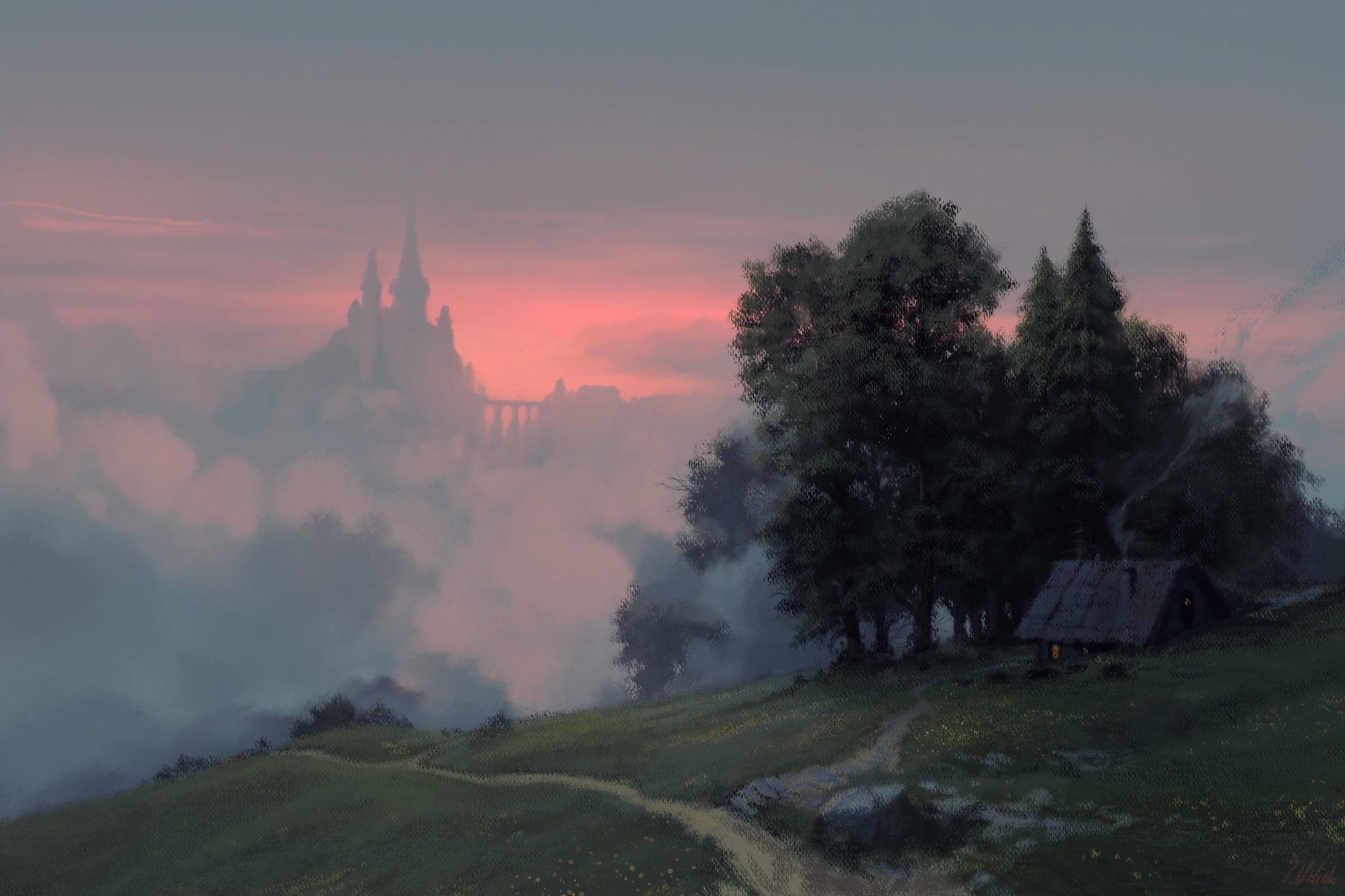a small cottage nestled at the edge of a forest. a path leads toward the forest. a hill slopes gently downward. the top of the hill is shrouded in mist. in the distance, the silhouette of a castle is barely visible above the clouds. the sky is a dusky pink and purple.