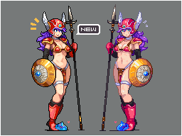 this image features two pixelated female warrior characters. they are both holding spears and shields and are posed in a warrior stance. the characters are wearing red and blue armor and have purple hair. they are set against a gray background with a "new" label on the left side of the image.
