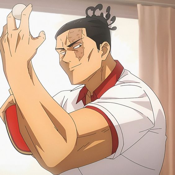 this image features a male anime character, depicted in a dynamic pose suggestive of playing table tennis. he holds a paddle in his left hand, poised to strike an approaching ball. his focused expression and the motion blur on the ball amplify the intensity of the moment. the character's design is striking, with a muscular build, a topknot hairstyle, and a prominent scar across his face. the setting appears to be an indoor space, potentially a gymnasium, bathed in bright lighting that highlights the character against a light background.