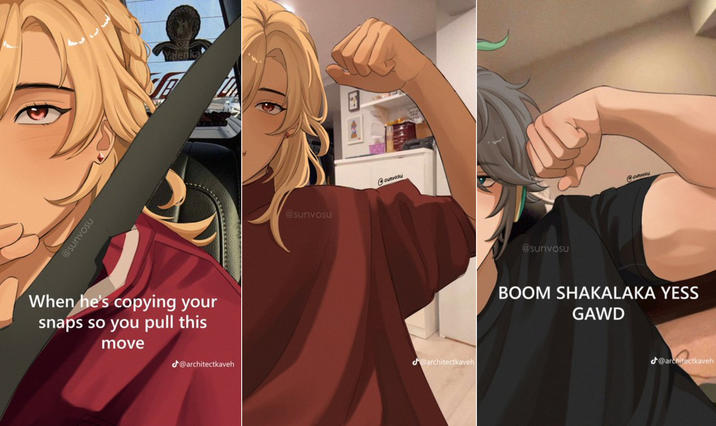 the image shows three panels of a meme featuring anime characters. the first panel has a blond anime character wearing a red jacket with a seatbelt over their shoulder. the text says, "when he's copying your snaps so you pull this move." the second panel features another blond anime character with their arm raised showing off their bicep. the third panel shows an anime character with grey hair also flexing their bicep. the text reads, "boom shakalaka yess gawd." each image has a watermark and the username @architectkaveh.