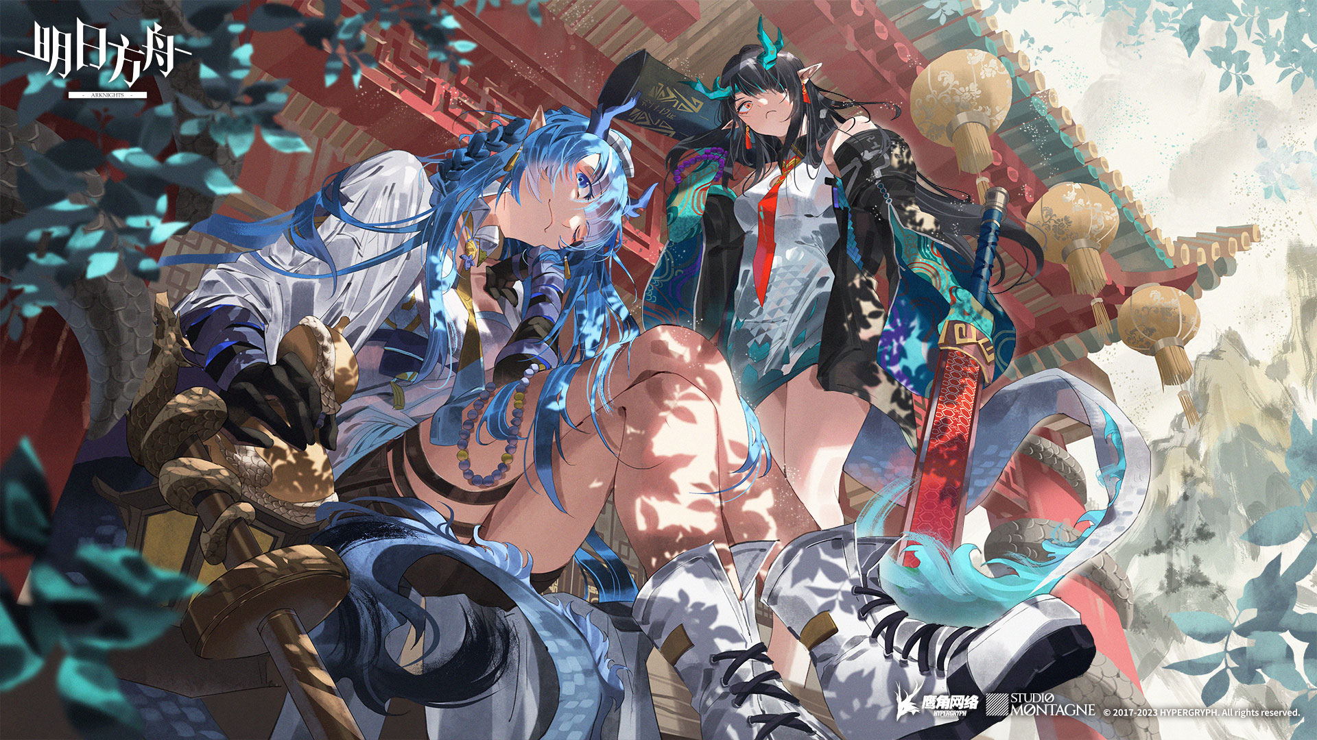 two female characters from the game arknights are standing in front of a red and gold building with ornate details. the character on the left has long, flowing blue hair and is wearing a white and blue outfit, while the character on the right has long black hair and is wearing a black and green outfit. the character on the left is holding a sword in her hand, while the character on the right is holding a red sword. the background is a mix of light and dark, with hints of green and blue. the characters are surrounded by leaves and plants.