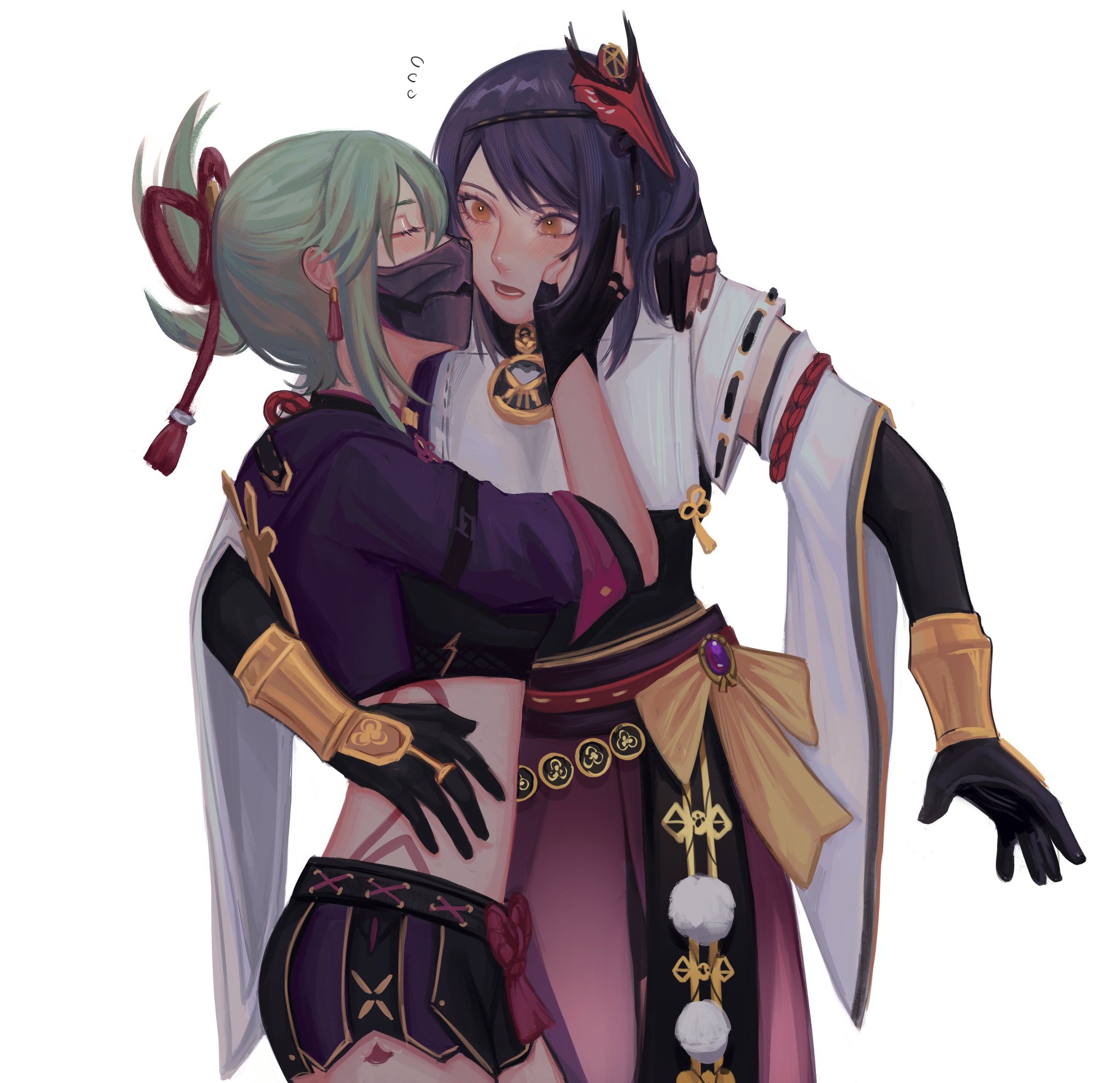two anime girls are hugging each other tightly. the girl on the left has green hair and is wearing a dark purple and gold outfit. she has a black