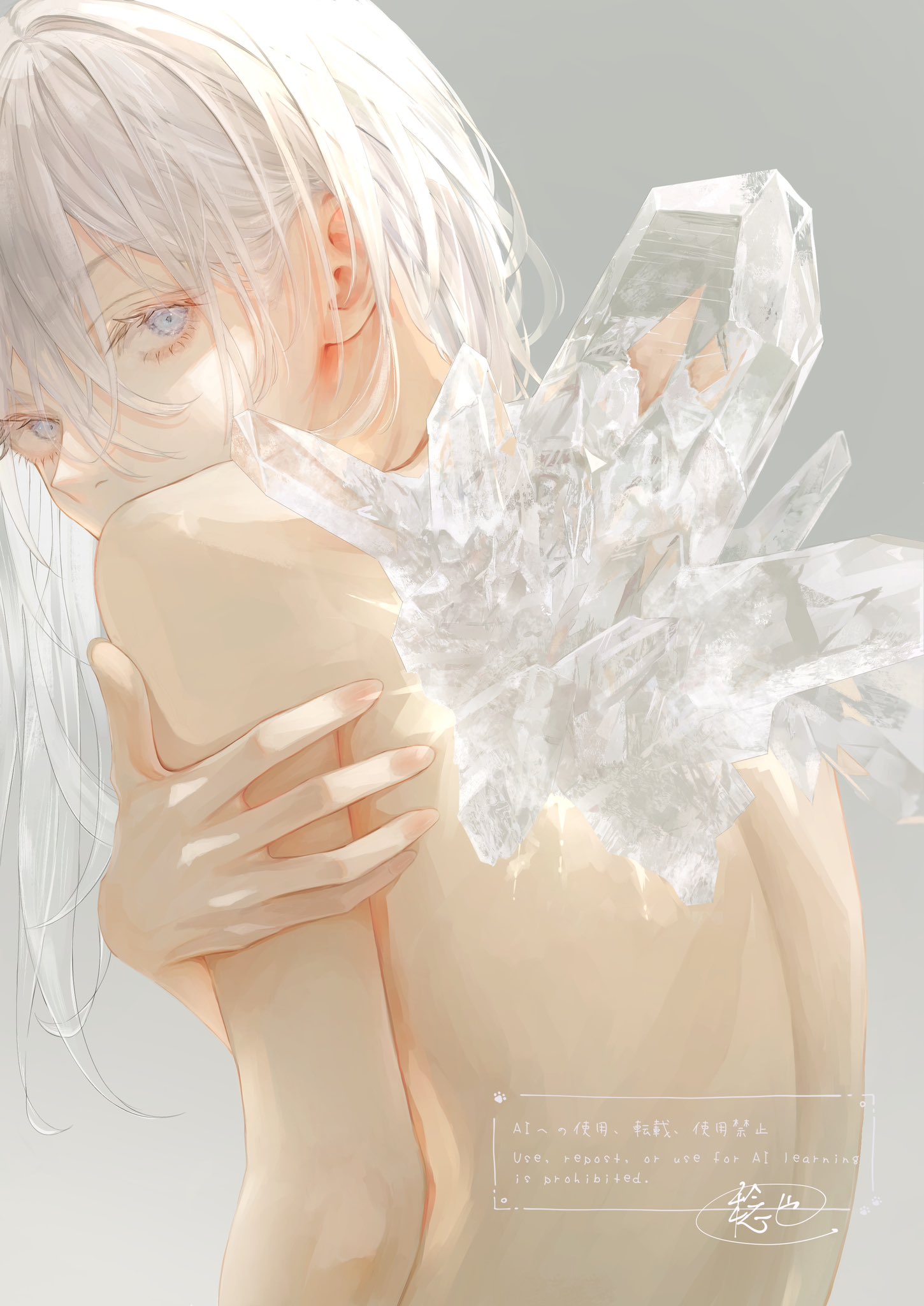 the image is a digital painting or illustration in an anime or manga style.  it depicts a paleskinned young man with long, flowing white hair. he is shown from the back and slightly to the side, his arms wrapped around his torso.  a large cluster of translucent, white crystals or gemstones, reminiscent of quartz, adorns his back, appearing to be almost integrated with his body.  the overall style is ethereal and delicate, with soft lighting and a dreamlike atmosphere. the color palette is muted, consisting mainly of whites, creams, and pale pinks. a small text box in the lower right corner contains some text that is not easily legible but seems to be artist information or commentary.