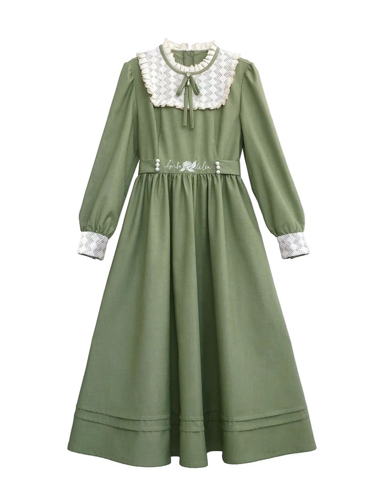 a sage green vintageinspired dress is shown against a plain white background. the dress features long sleeves, a high ruffled neckline with a lace insert, a fitted bodice, and a flowing aline skirt that falls to the ankles. it also has lace trim at the cuffs and a delicate embroidered belt.