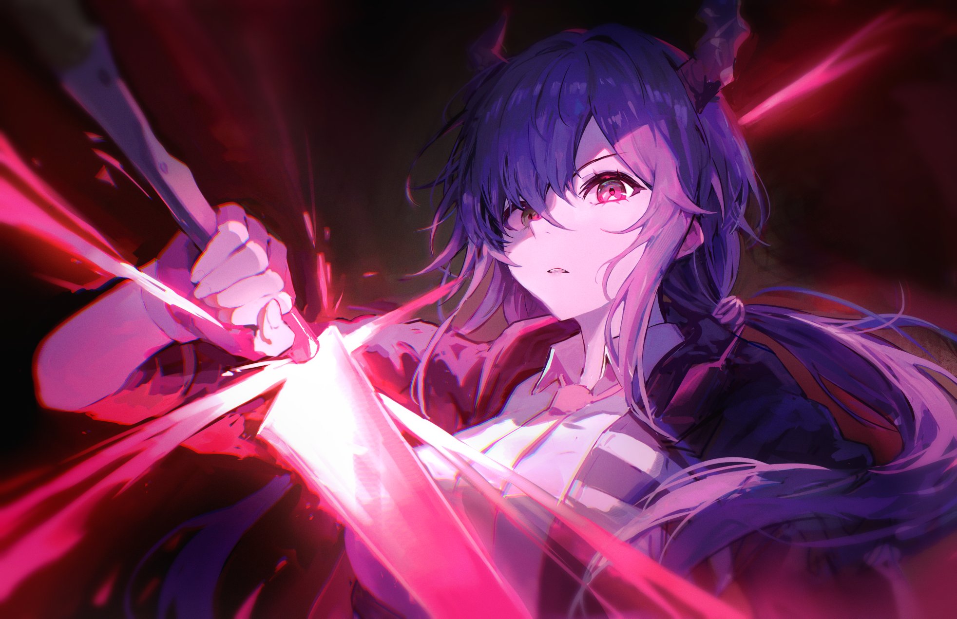 he image is a vibrant digital painting of an animestyle female character. she has long, flowing purple hair with small horns, suggesting a demonic or fantasyrelated theme. her eyes are a striking redorange. she is depicted in a dynamic pose, gripping a glowing, energyfilled sword, which emits bright pink and white streaks of light. the overall color scheme is a blend of dark purples, reds, and pinks, creating a dramatic and intense atmosphere. the style is highly detailed and expressive, with a focus on dynamic movement and vivid color. the character's expression is determined and focused, enhancing the sense of action and power in the image.
