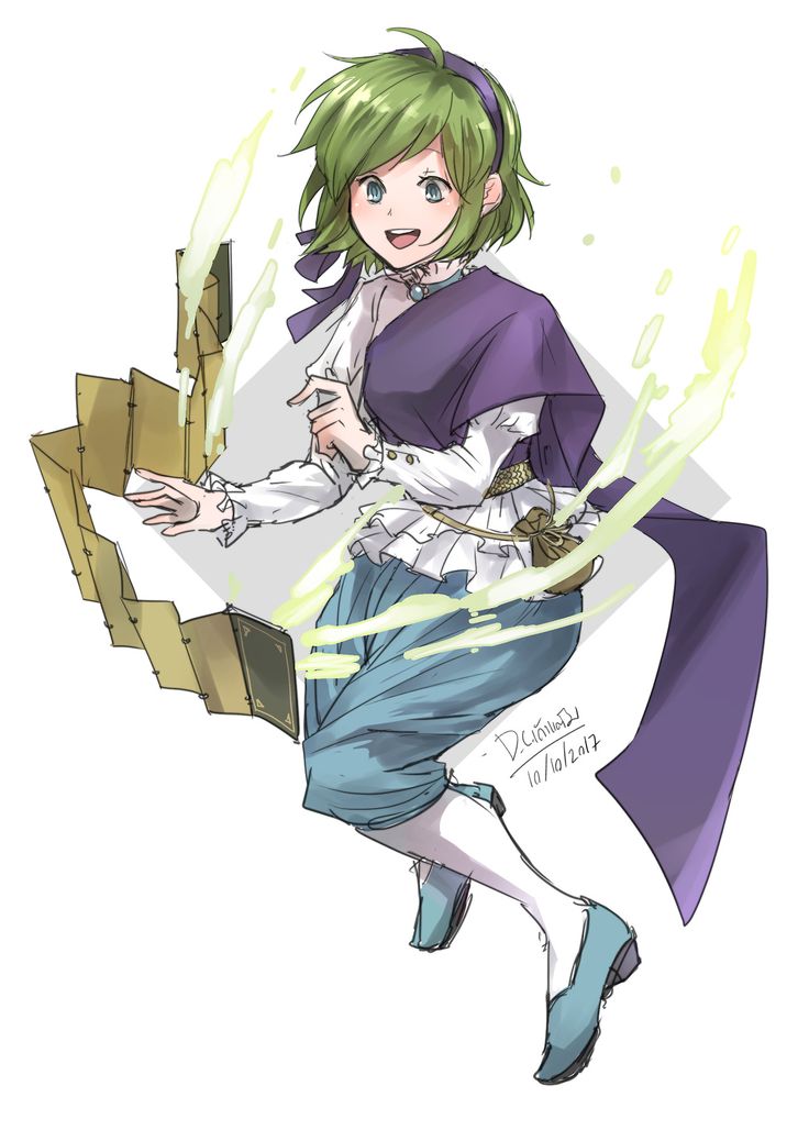 a young woman with green hair, wearing a purple dress is floating in the air, holding a book in her hands. she is surrounded by yellow magic. this appears to be a digital illustration.