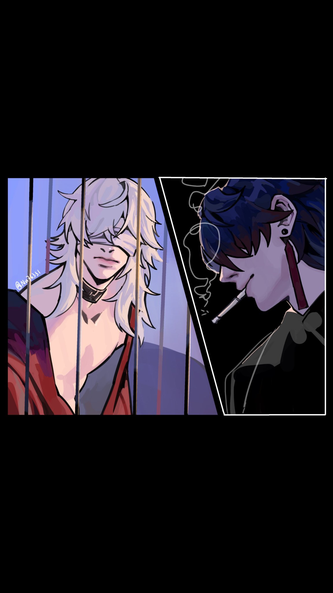 this is a digital illustration of two anime/manga characters. the first is a male character with white hair and red clothing. he is wearing an eye patch and has a serious expression. the second is a male character with blue hair and black clothing. he is smoking a cigarette and has a serious expression. the background is dark and there is a strong contrast between the two characters. the art style is dark and brooding.
