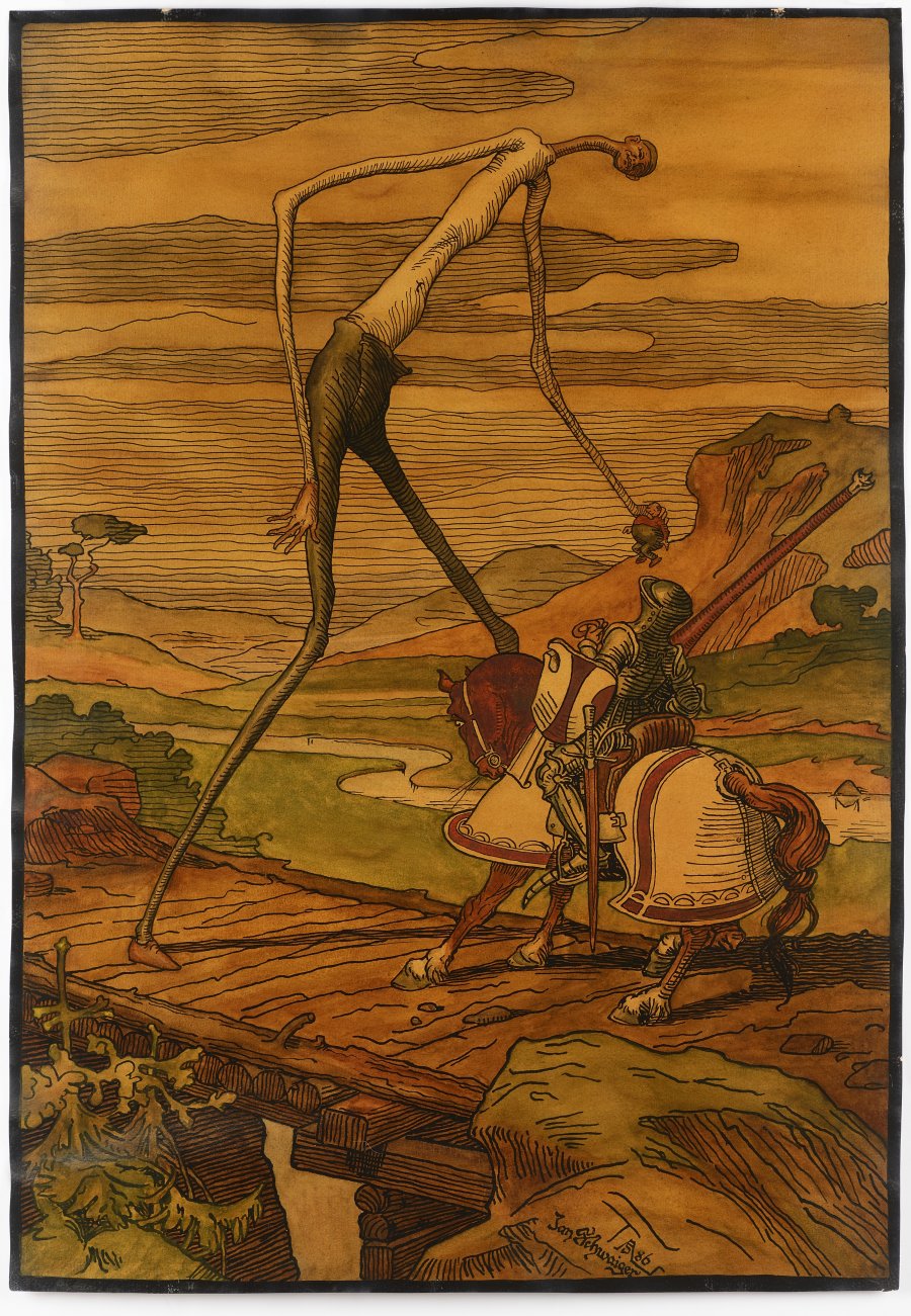 a painting of a giant standing on a bridge and reaching down to shake hands with a knight on horseback. the giant is very tall and thin, with long limbs and a small head. the knight is wearing armor and riding a horse. the background is a forest and hills, and the sky is bright blue.