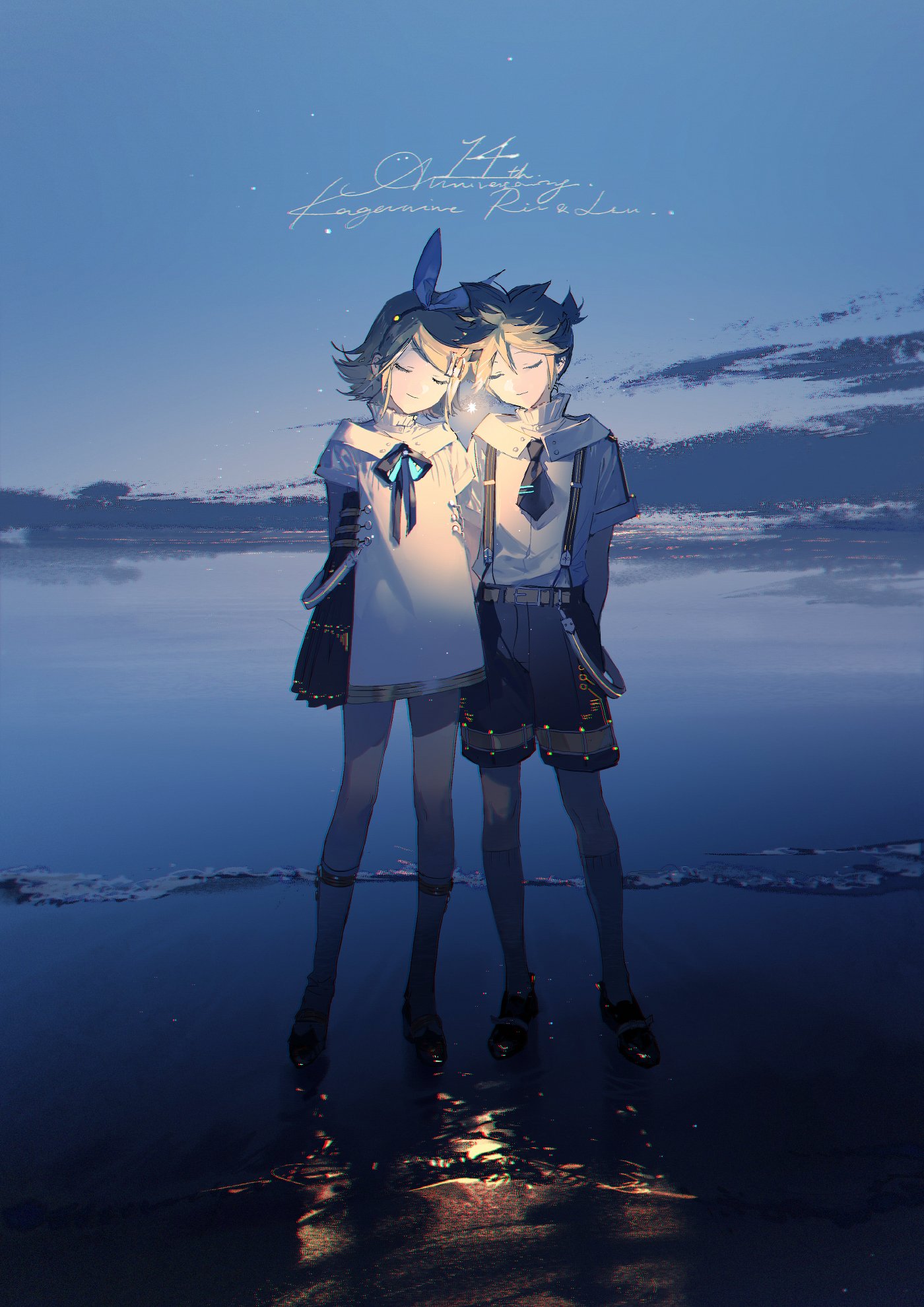 an animestyle illustration shows rin and len kagamine, vocaloid twins, standing on a beach at night. they are hugging, and a light shines between them. their reflections are visible in the water. the sky is blue with scattered clouds. the image is captioned "14 anniversary kagamine rin & len".