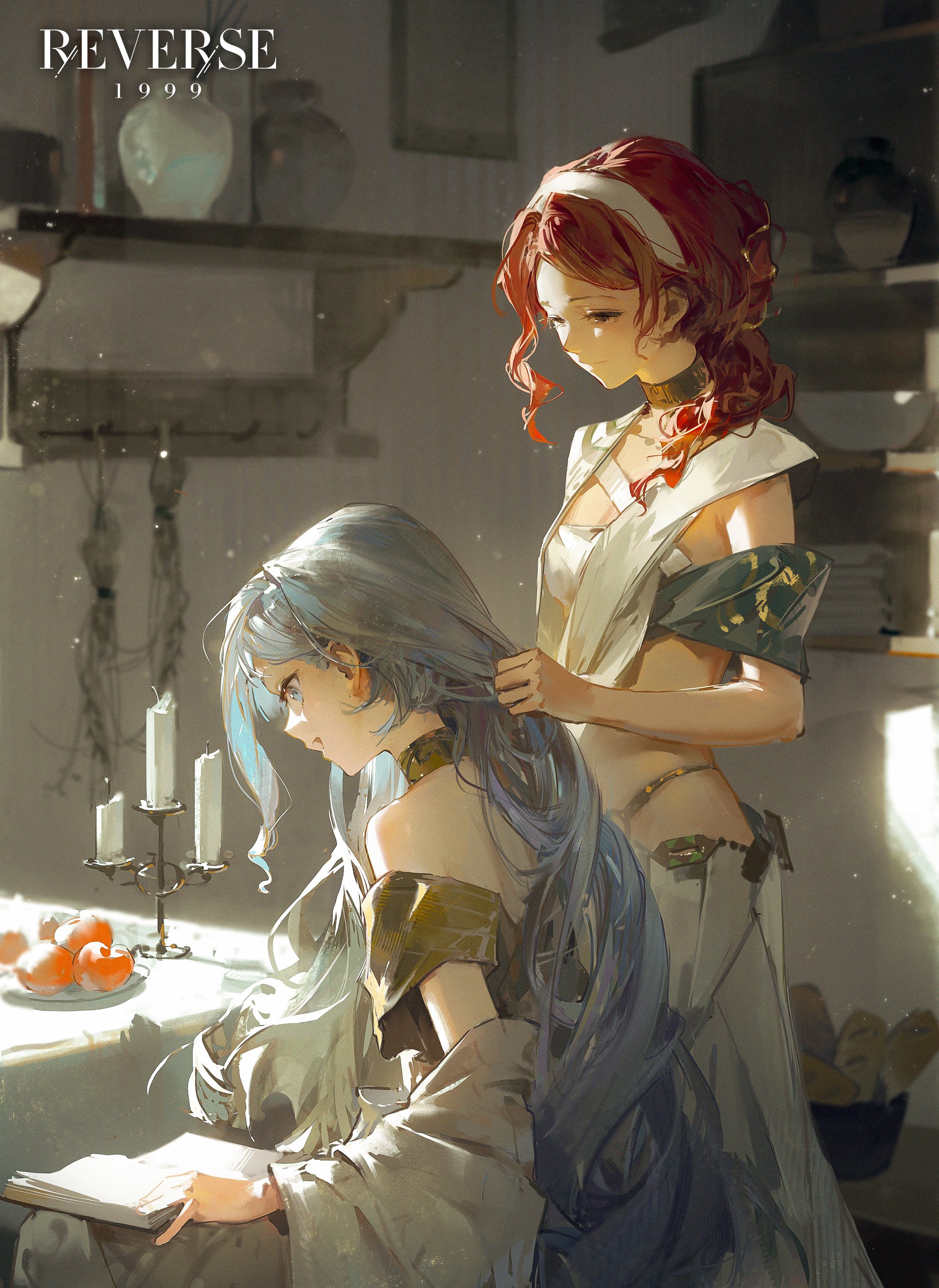 two women are sitting in a room. one of them is sitting at a table reading a book. the other woman has red hair and is putting the other woman's hair up in a ponytail. the room is dimly lit, with candles providing the light. they are both wearing beautiful clothing that is typical of animestyle. the woman with blue hair is wearing a light brown dress, and the other woman is wearing a white dress with gold accents. the candles are on a candlestick beside the book.  the room is filled with furniture that is typical of an animestyle bedroom or living room, with a shelf on the wall and the table.  there are also small, potted plants that are visible in the background. the image is illustrated in a painterly style that emphasizes the colors and textures of the subject matter.