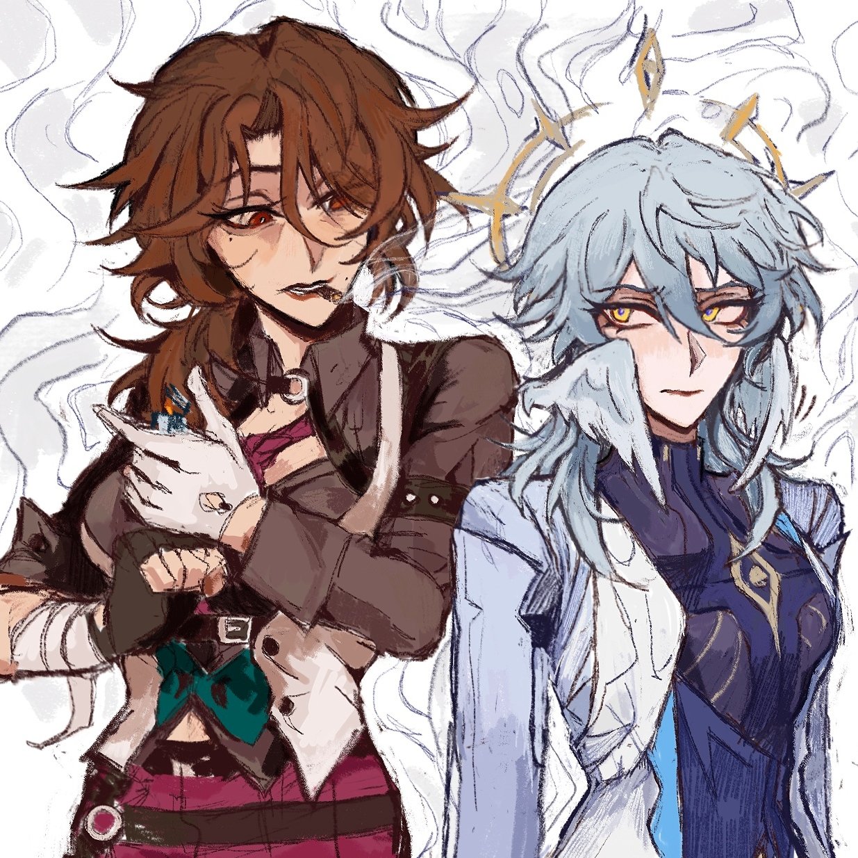 the image shows a digital drawing of two animestyle female characters. one has long brown hair and is smoking a cigarette, wearing a brown jacket and a partially visible outfit underneath. the other character has long, pale blue hair and is dressed in a white coat with blue accents underneath.  the drawing style is loose and sketchy, with visible brushstrokes and a slightly hazy background. the two women appear to be close together, suggestive of a relationship or companionship.  the style is reminiscent of fanart, specifically of characters from the video game genshin impact, likely raiden shogun and yae miko.
