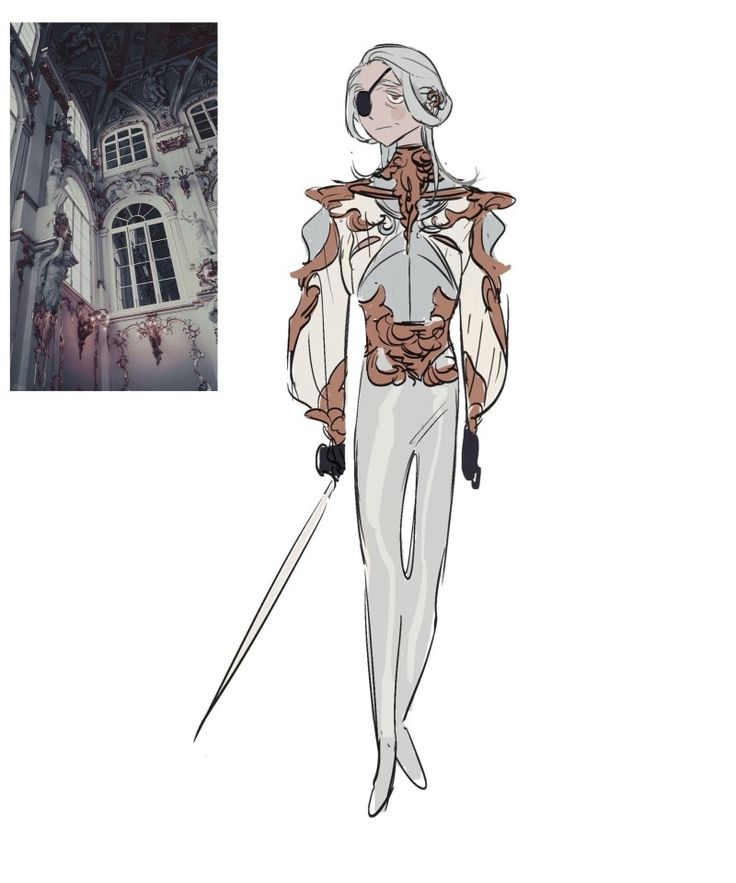 this is a drawing of a man dressed in an elegant white outfit with brown accents. he has grey hair and an eyepatch. he is holding a sword. the drawing is in a manga/anime style.