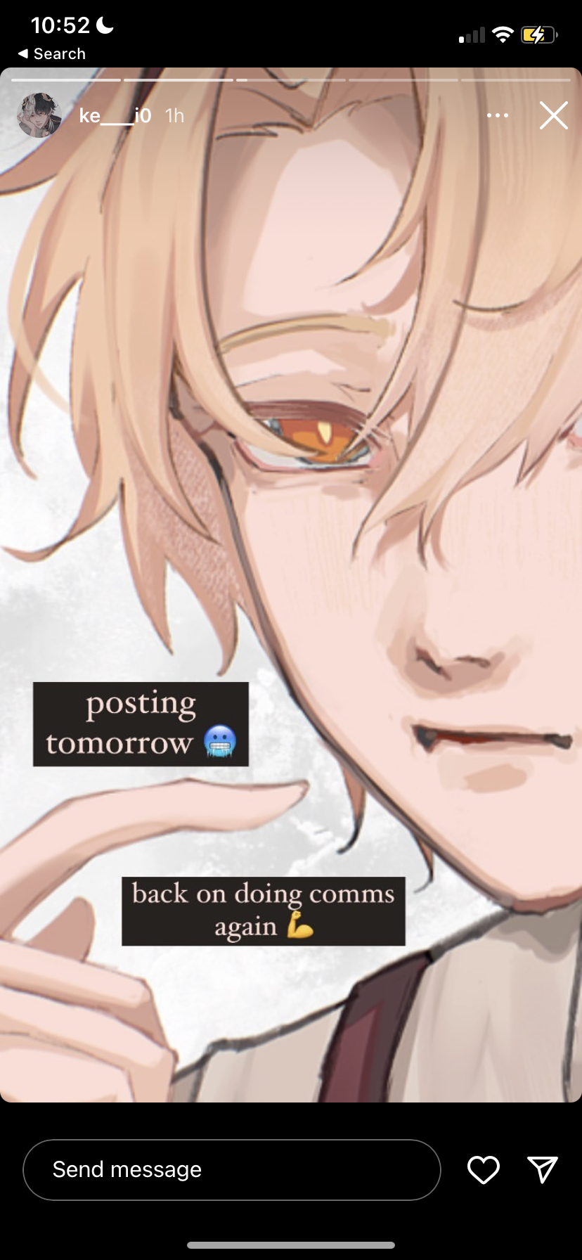 this is a digital art illustration of an anime character. the character has blonde hair, gold eyes, and is wearing a white shirt. the character is looking at the viewer with an expression of excitement. the image has text that says "posting tomorrow" and "back on doing comms again".