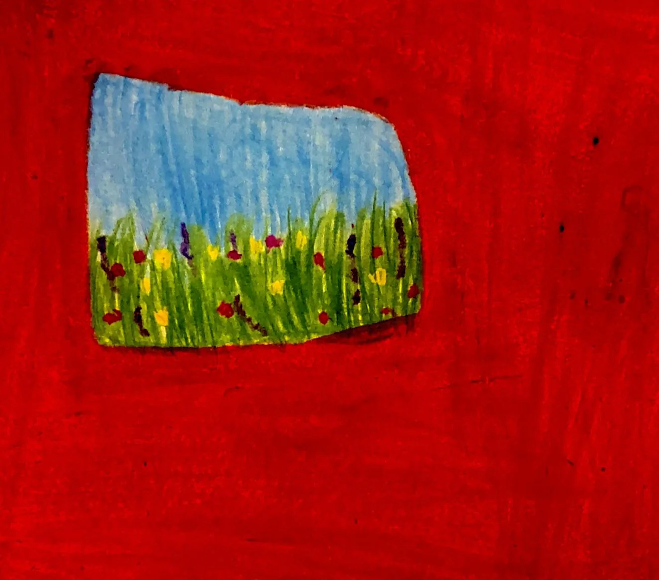 a child's crayon drawing depicting a simple scene.  a vibrant red background dominates the image. a smaller rectangular section within the red shows a simple representation of a window looking out onto a field of green grass with small, colorful flowers. the sky above the field is painted light blue. the drawing style is naive and childlike, with bold colors and simple forms.
