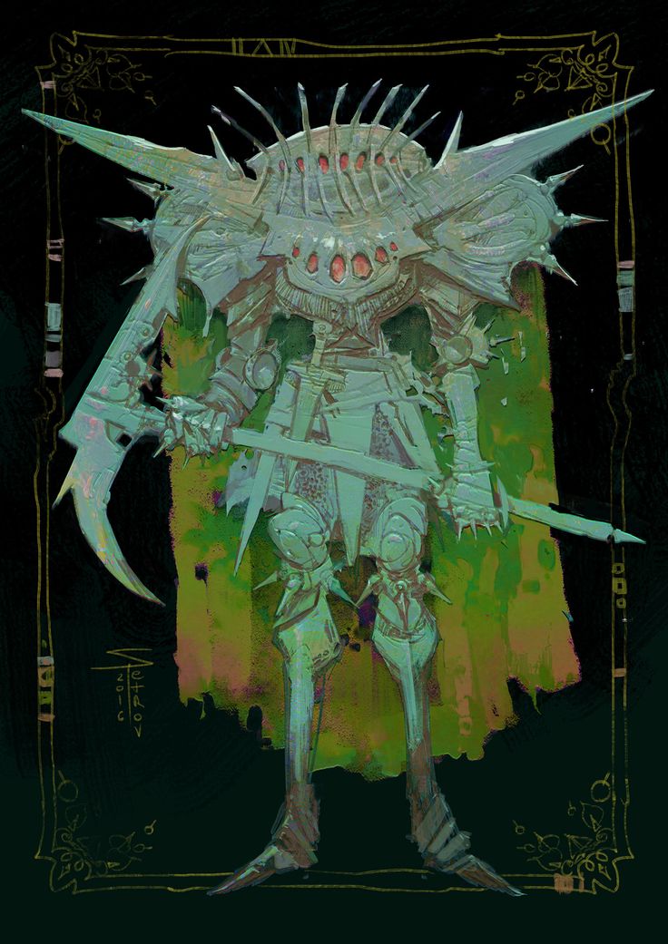a digital painting of a fantasy creature that is a mix of knight and robot. it has a large, ornate helmet with many spikes and eyes, a green body with armor plating, a scythe and a sword, and is standing on a black background with a gold frame. the painting is very detailed, with lots of intricate patterns and textures. it looks like a fantasy creature from a video game.