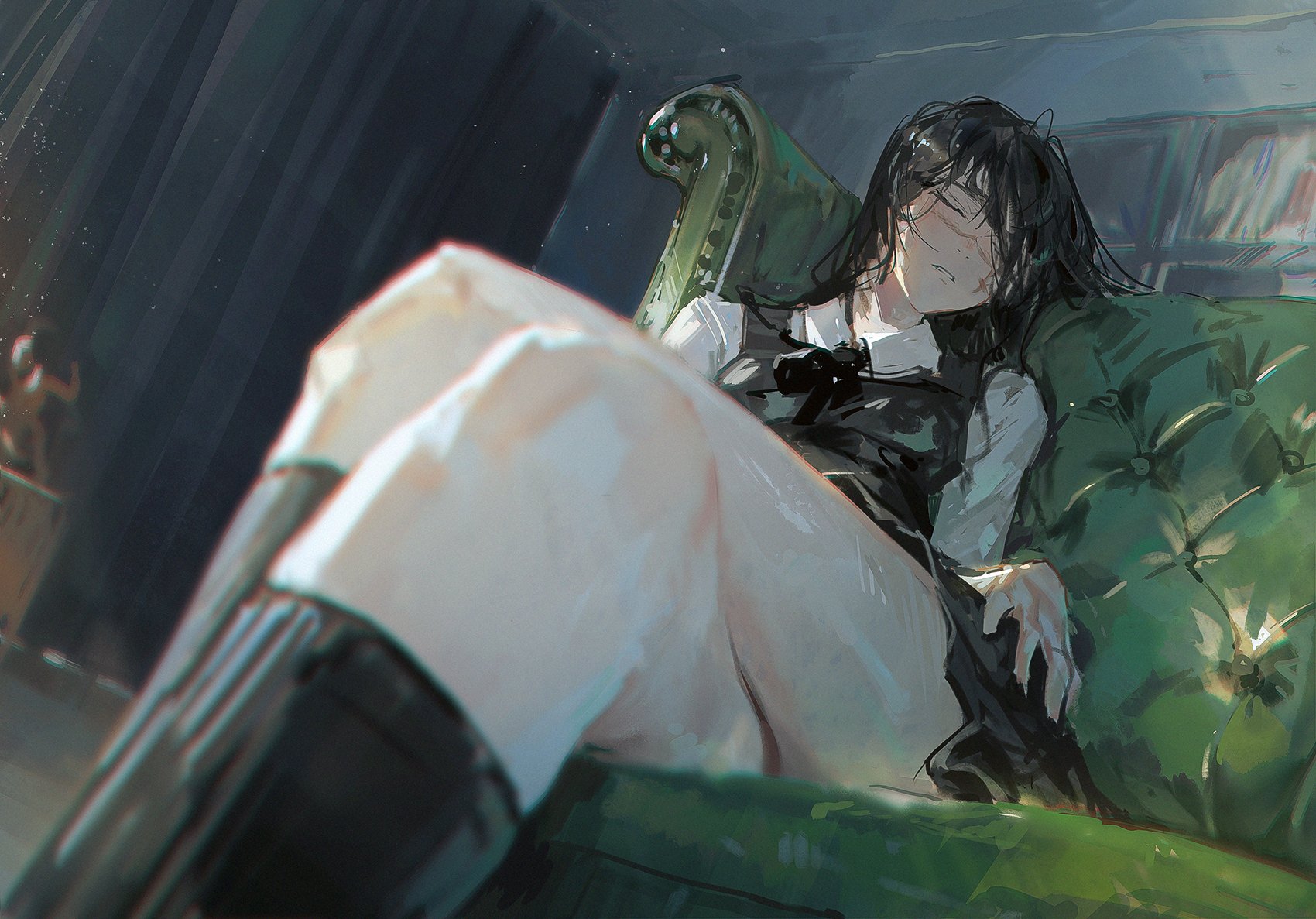 a digital painting of an anime girl with long black hair sitting on a green couch. she is wearing a white shirt with a black bow, a black dress, and white pants. she is looking down with her eyes closed, and her hand is resting on her leg. the painting is done in a style that is both realistic and stylized.