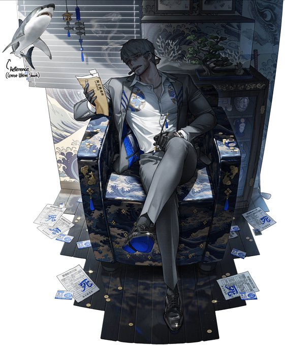 man in a stylish gray suit sits in a lavish blue armchair, smoking a pipe and reading a document. the room is decorated with asianinspired furniture and art. papers with japanese characters are scattered around him. a large great white shark hangs suspended from the ceiling, adding a sense of danger and power to the scene. the lighting is natural and casts dramatic shadows across the room.