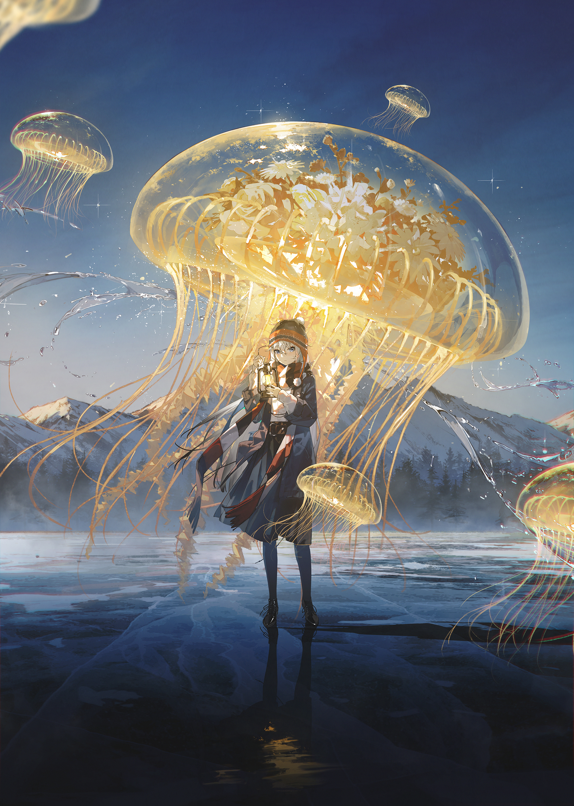 the image depicts an anime girl standing on a frozen lake, surrounded by large, glowing jellyfish. the jellyfish are translucent, with golden hues and intricate details. the girl is dressed in winter clothing, holding a lantern. the background features snowcapped mountains and a forest. the overall atmosphere is fantasylike and serene. the art style is digital painting, with a focus on detail and atmosphere.