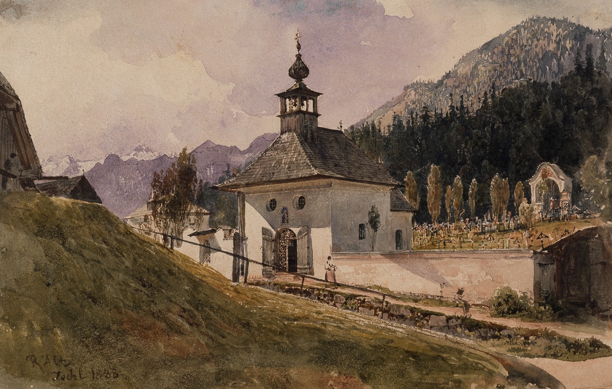 the image is a 19thcentury watercolor painting of a landscape with a church or chapel. the building is a central element, with a distinctive roof and steeple. it is situated in a mountainous region, with trees and vegetation covering the slopes. a cemetery surrounds the church, with numerous tombstones visible behind a wall. in the foreground, a grassy area and a path lead to the building. a figure, possibly a person, can be seen near the entrance of the church. the sky is cloudy, suggesting overcast weather. the painting style is characteristic of 19thcentury landscape art, with attention to detail and a focus on natural scenery.
