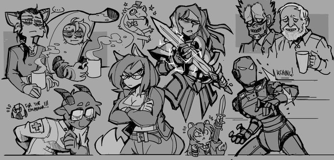 the image is a collection of black and white character sketches, featuring a diverse range of figures in various poses. there's a mix of fantasy and scifi elements, with characters wielding swords, wearing armor, and sporting animal features. the style is dynamic and expressive, emphasizing action and personality.