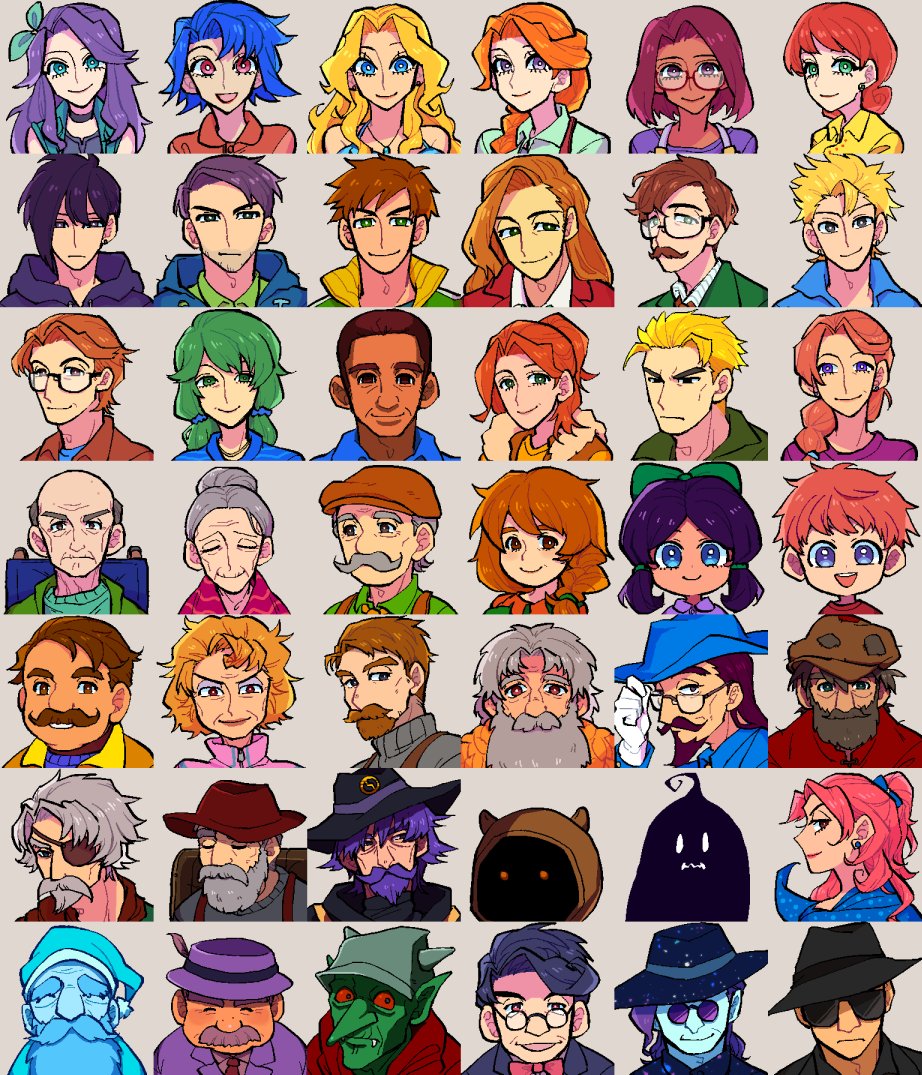 the image displays a grid of 40 individual cartoon character portraits. each character features a unique hairstyle, outfit, and facial expression. the art style blends anime and manga influences with a vibrant color palette and whimsical design choices.  there's a diverse range of ages and genders represented, including younger children, adults, and elderly individuals.  some characters have distinct fantasy elements, such as pointed ears or unusual clothing.  the characters are uniformly stylized, suggesting they might be from the same game or project.  the overall effect is a cheerful and slightly quirky collection of character designs.