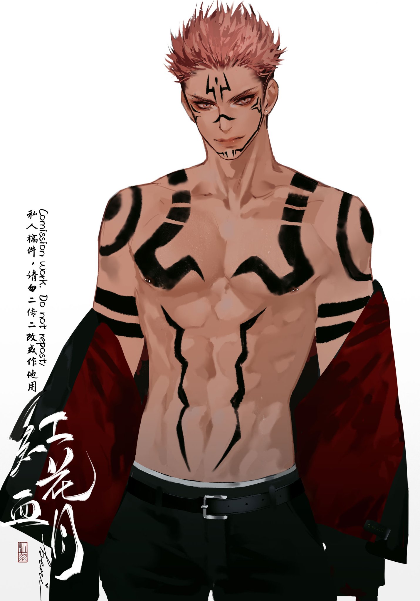 the image showcases a digital illustration of a muscular young man with vibrant pink hair styled upwards. he has striking black tribal tattoos that adorn his arms, chest, and back. the man is shirtless, revealing his toned physique, and he holds a red jacket casually draped over his arms. he wears black pants with a simple black belt. the background is a plain white canvas, placing the focus solely on the character. there's japanese text written vertically on the left side of the image, indicating it might be a commissioned artwork.