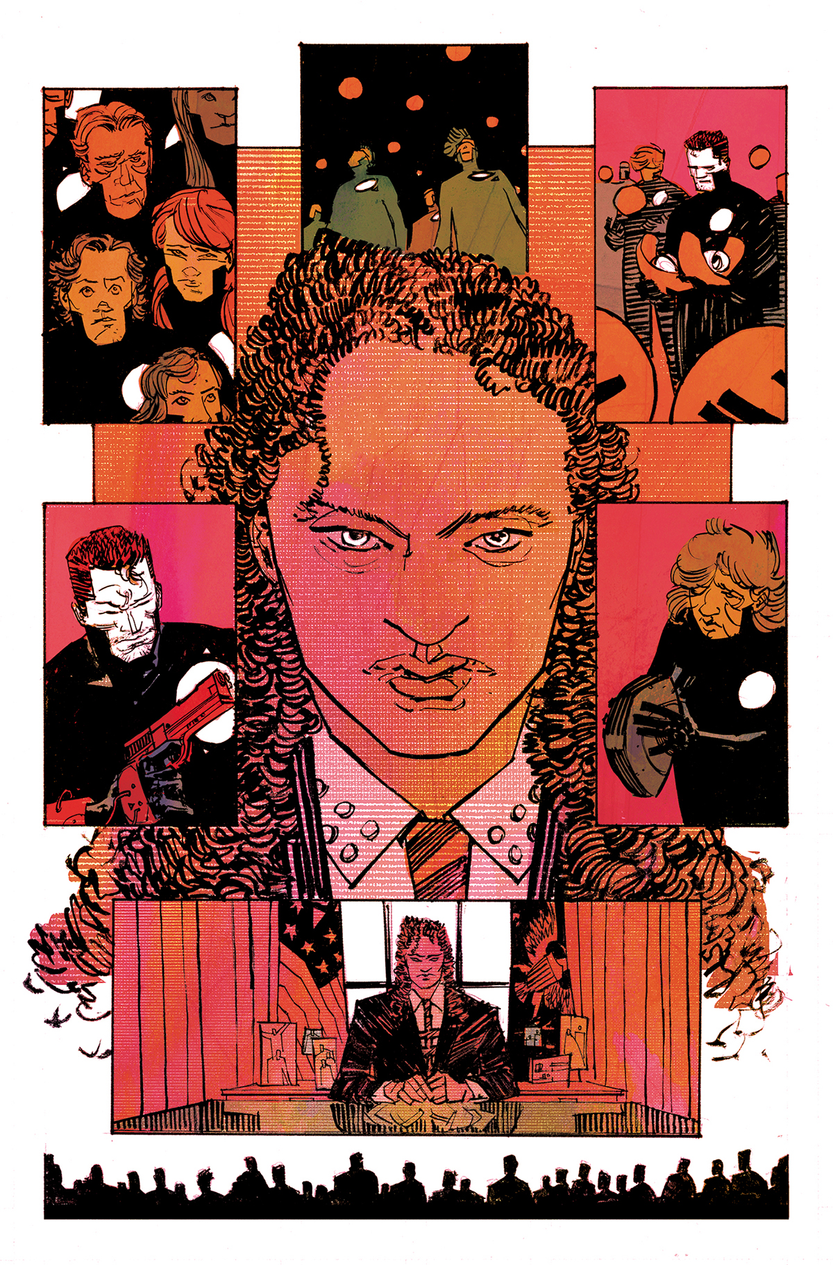 this is a colorful comic book illustration that depicts a dark and gritty world. it seems to be from a dystopian comic book about a powerful man in a suit and tie,  maybe a politician, who is the center of attention of a room full of people. there are other panels in this illustration showing various figures from the comic book.