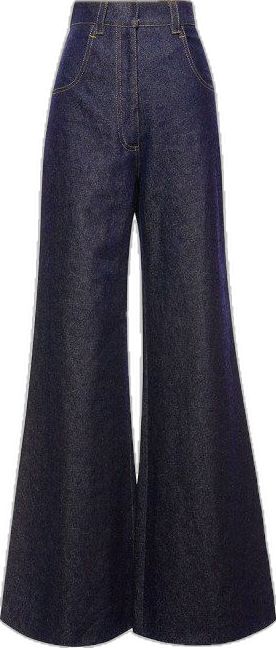 a pair of dark blue, high waisted flare jeans. the legs are very wide at the bottom, forming a bell shape.