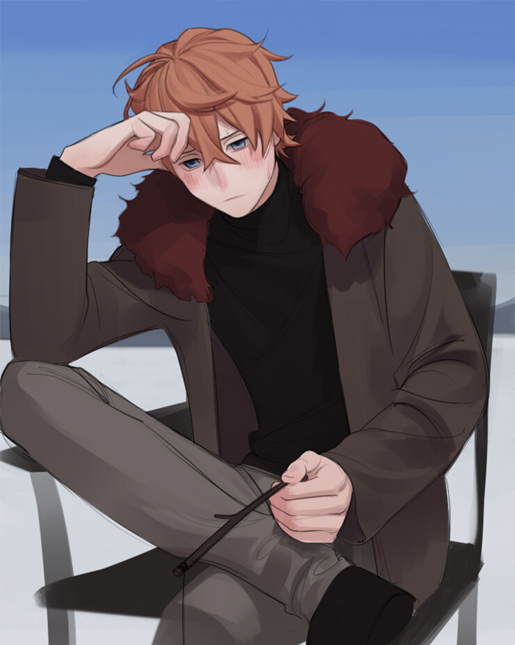 a young man with orange hair and blue eyes sits on a chair in the snow. he is wearing a brown jacket with a fur collar, a black turtleneck sweater, and grey pants.  he is holding a thin stick in one hand and resting his head on his other hand, seemingly lost in thought.  the background is a blurry blue and white, indicating a snowy landscape.