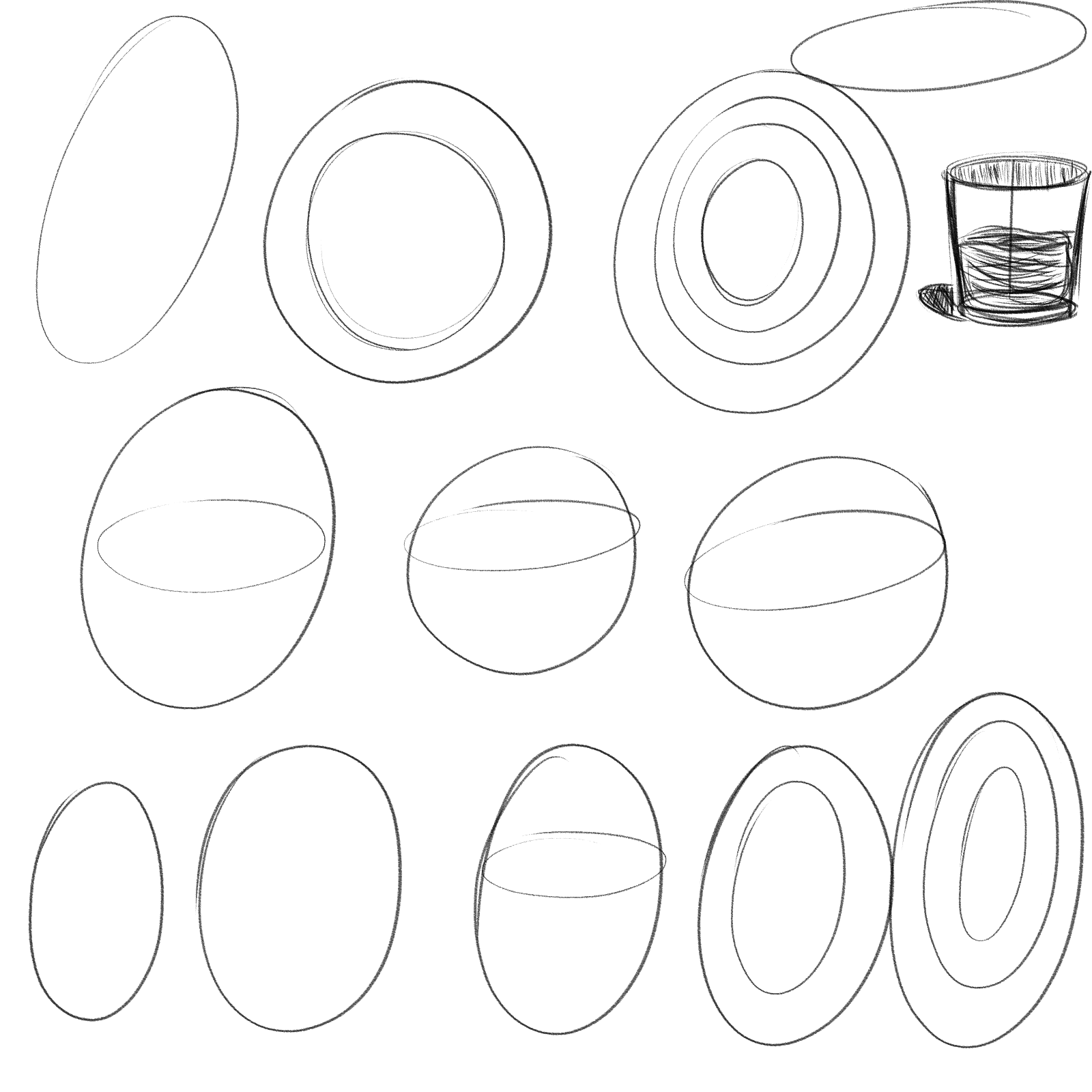he image contains a collection of handdrawn sketches of various shapes, primarily circles, ovals, and ellipses, demonstrating different perspectives and forms.  several sketches show attempts to render spheres and cylindrical objects.  a simple drawing of a glass of water is also included, seemingly as a reference or example of how the shapes can be used to create a recognizable object. the style is loose and informal, suggesting a practice or study of basic drawing techniques.