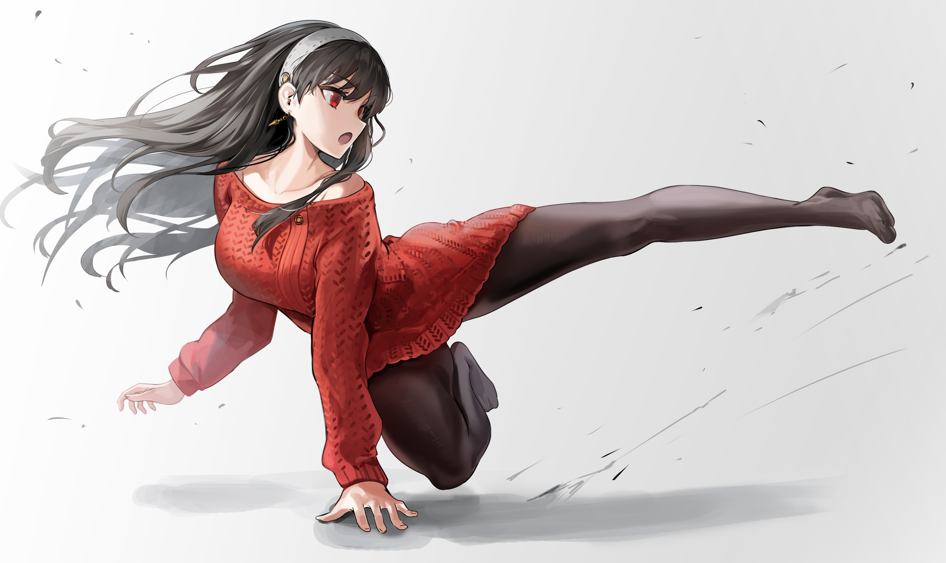 the image depicts an animestyle girl with long black hair wearing a red sweater and black tights. she is in a dynamic pose, midkick, with her leg extended high. her expression is fierce, and her hair flows behind her, creating a sense of motion. the background is a simple white with subtle motion blur effects, adding to the dynamic feel of the piece. the overall style is reminiscent of manga and anime illustrations.